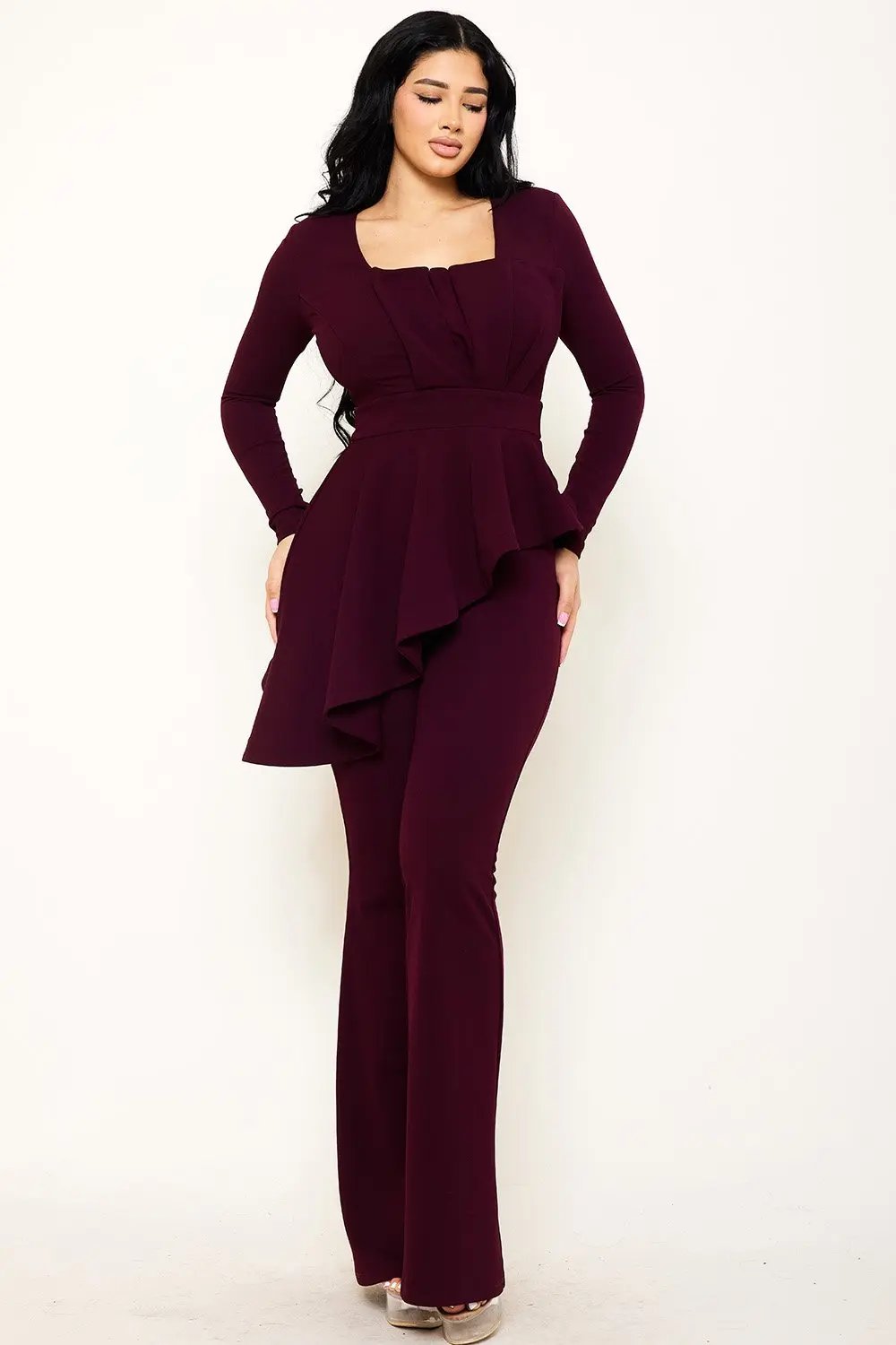 Peplum Top Jumpsuit With Asymmetric Ruffle Waist Detail BOUTINIE