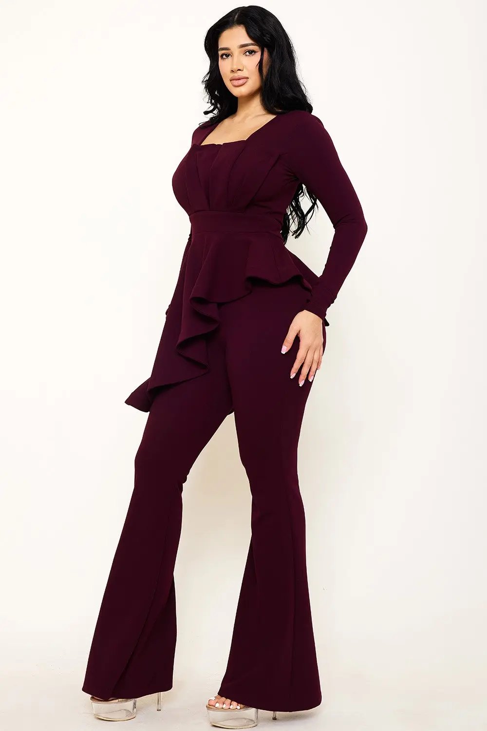 Peplum Top Jumpsuit With Asymmetric Ruffle Waist Detail BOUTINIE