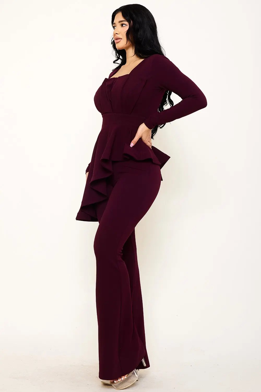 Peplum Top Jumpsuit With Asymmetric Ruffle Waist Detail BOUTINIE
