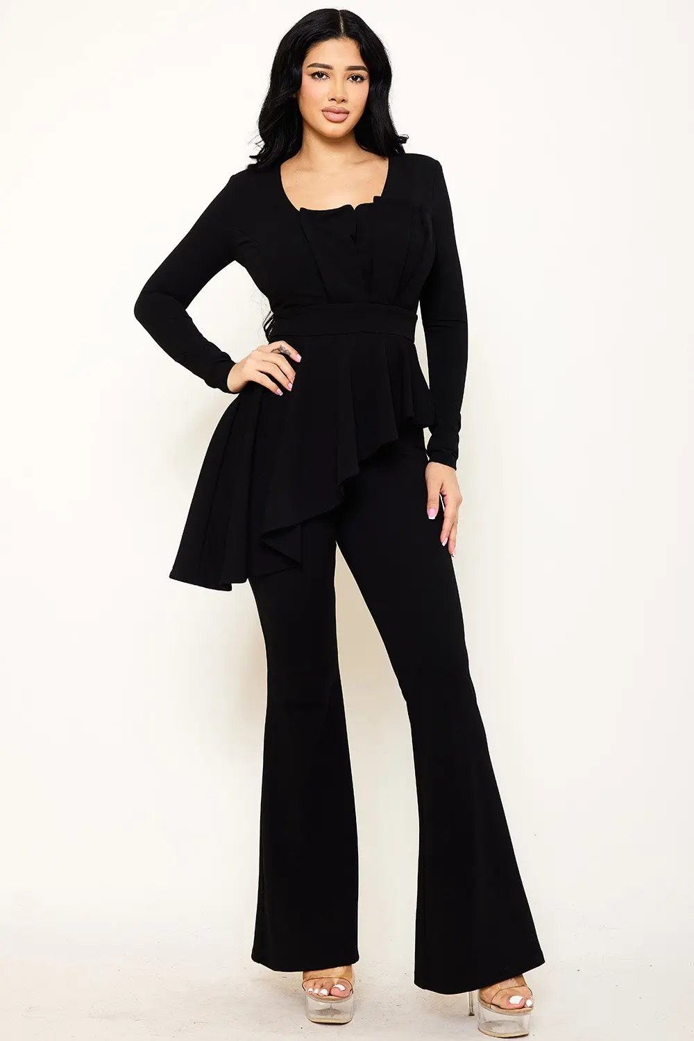 Peplum Top Jumpsuit With Asymmetric Ruffle Waist Detail BOUTINIE