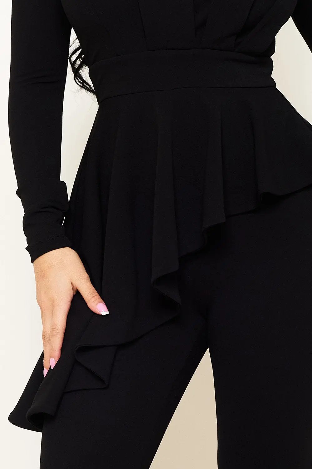 Peplum Top Jumpsuit With Asymmetric Ruffle Waist Detail BOUTINIE