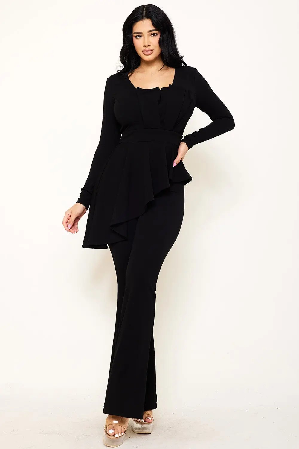 Peplum Top Jumpsuit With Asymmetric Ruffle Waist Detail BOUTINIE