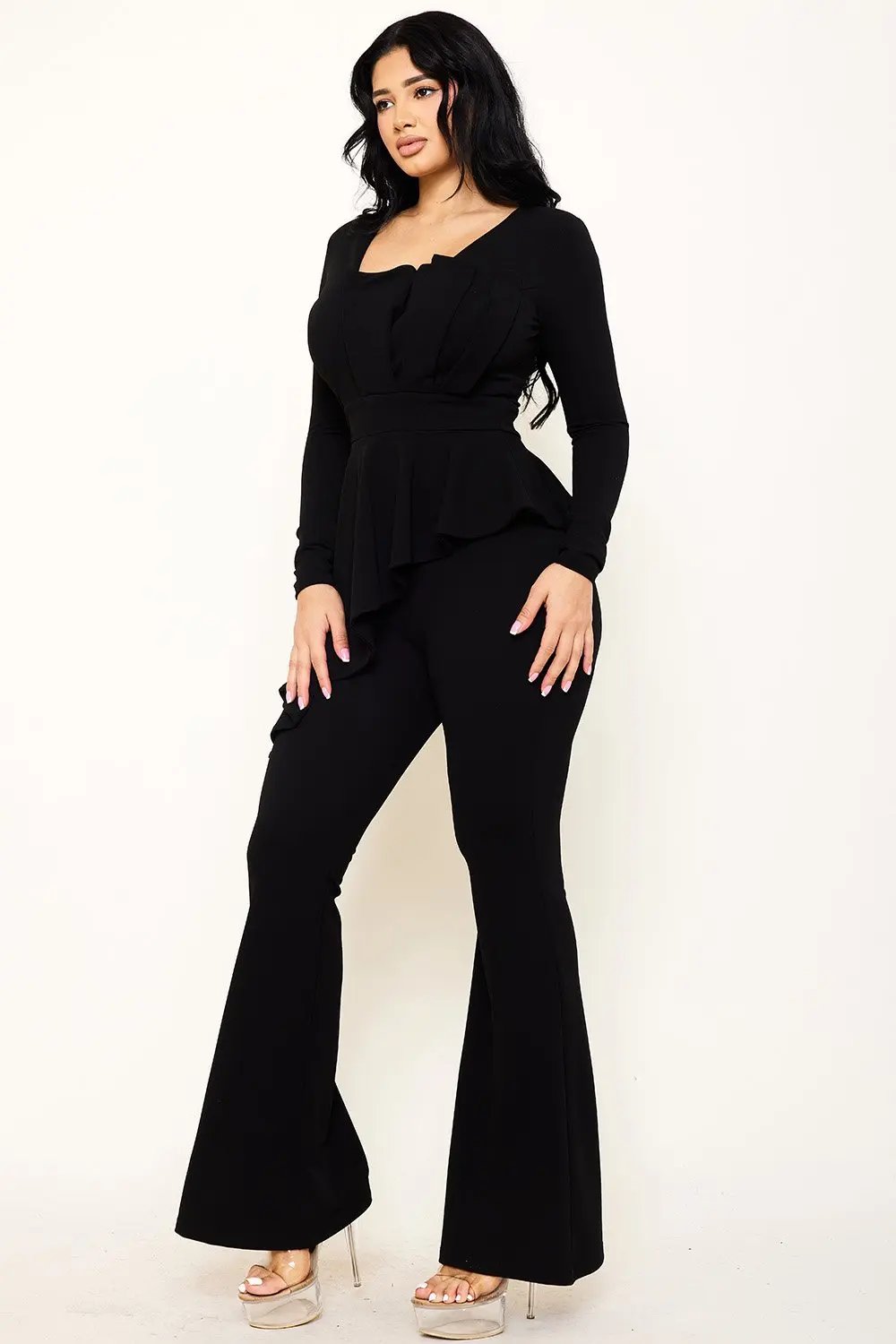 Peplum Top Jumpsuit With Asymmetric Ruffle Waist Detail BOUTINIE