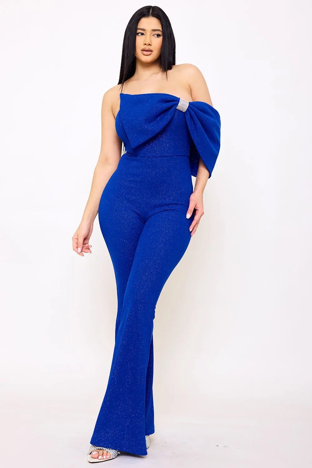 Glitter Jumpsuit - One Shoulder Strapless Evening Wear With Rhinestone Bow BOUTINIE
