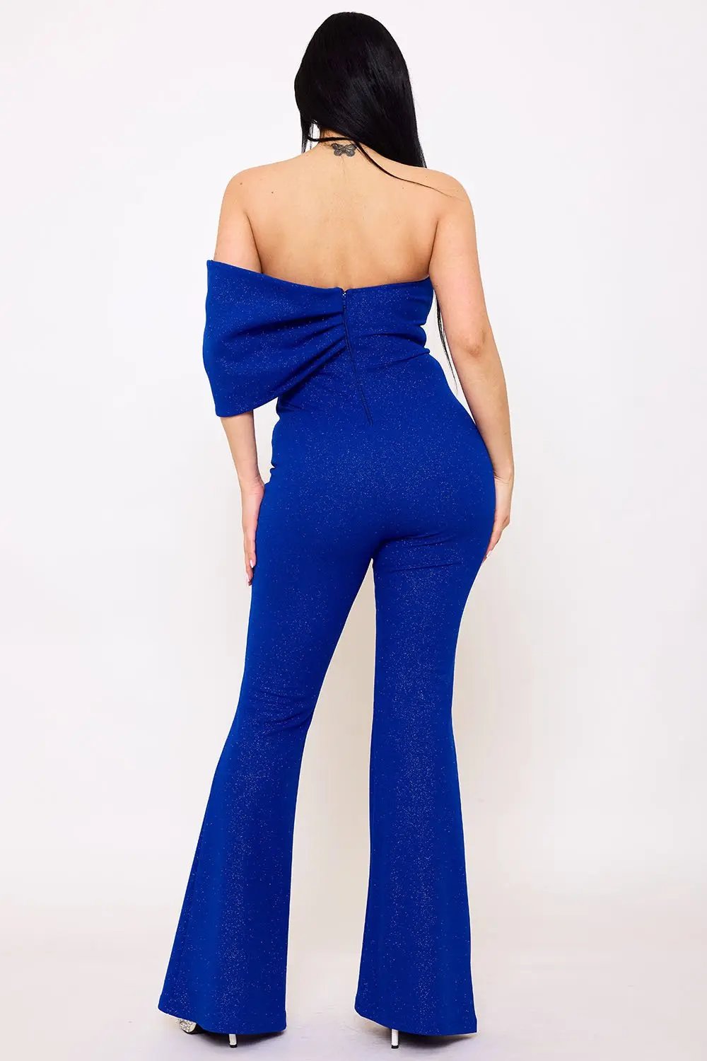 Glitter Jumpsuit - One Shoulder Strapless Evening Wear With Rhinestone Bow BOUTINIE