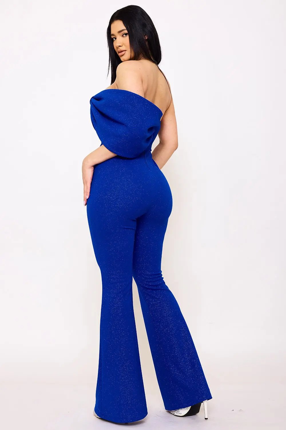 Glitter Jumpsuit - One Shoulder Strapless Evening Wear With Rhinestone Bow BOUTINIE