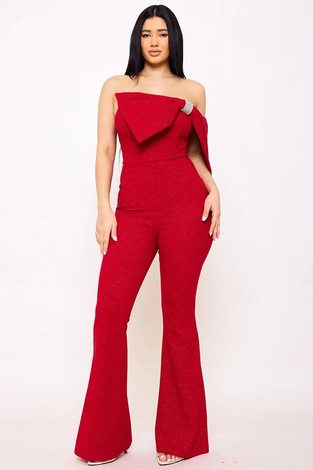 Glitter Jumpsuit - One Shoulder Strapless Evening Wear With Rhinestone Bow BOUTINIE