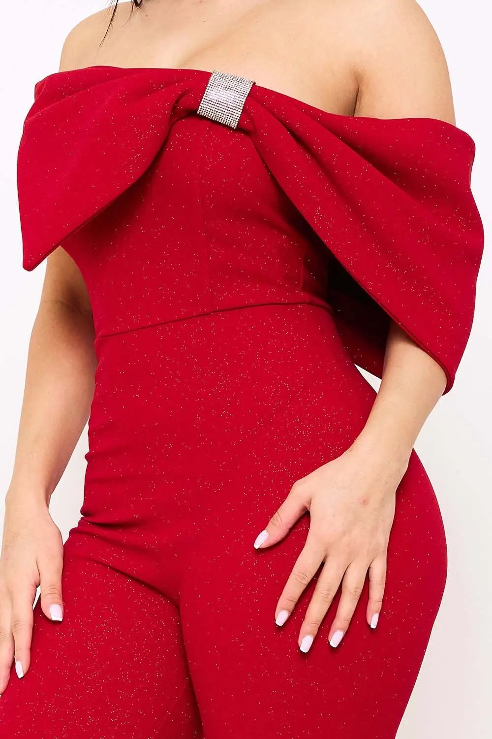 Glitter Jumpsuit - One Shoulder Strapless Evening Wear With Rhinestone Bow BOUTINIE