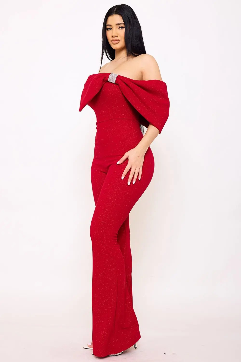 Glitter Jumpsuit - One Shoulder Strapless Evening Wear With Rhinestone Bow BOUTINIE