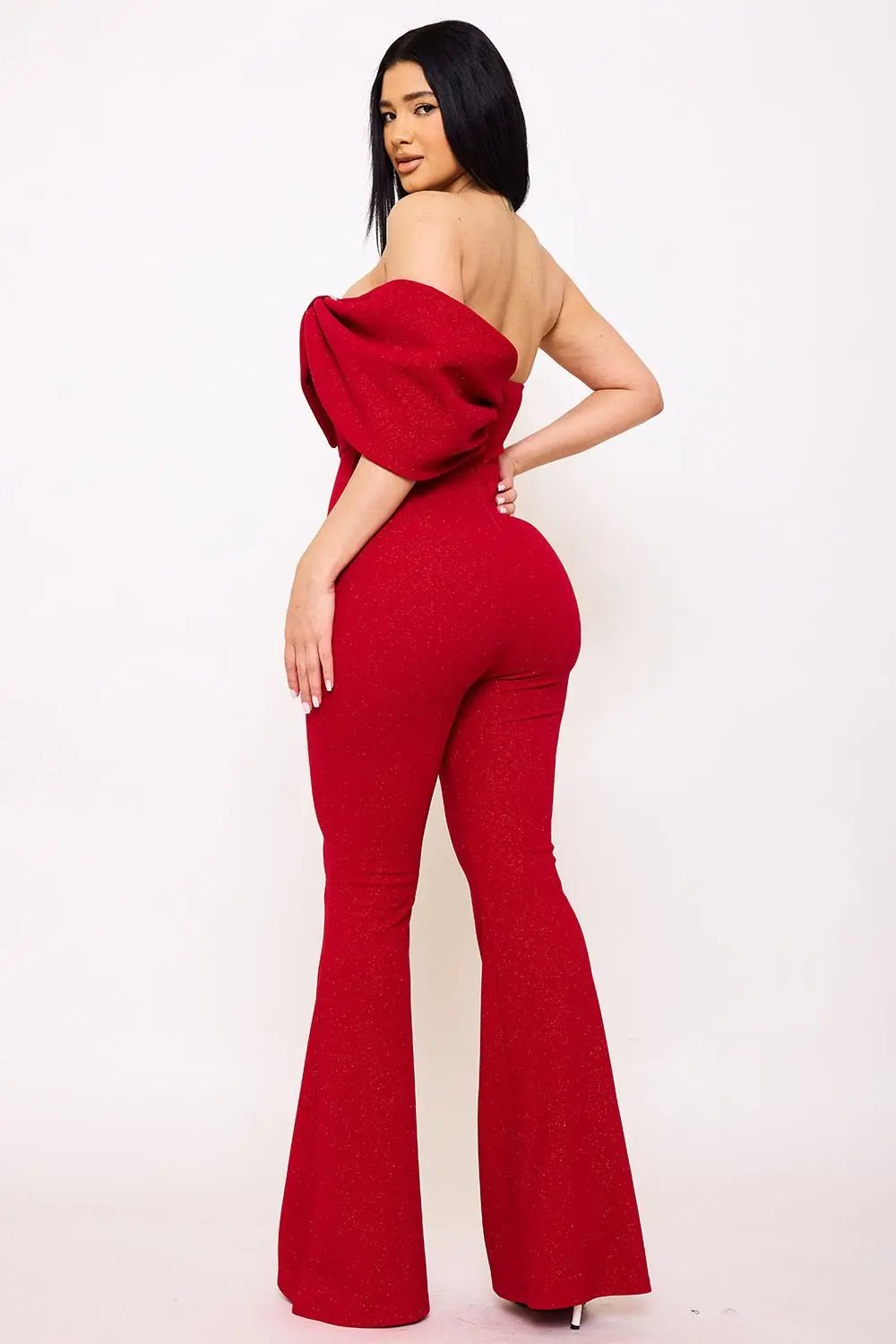 Glitter Jumpsuit - One Shoulder Strapless Evening Wear With Rhinestone Bow BOUTINIE