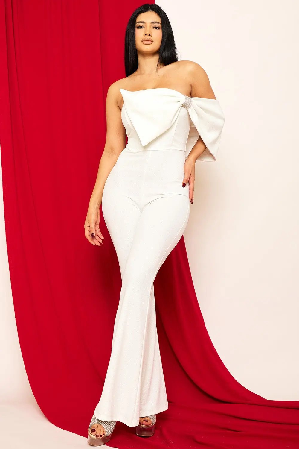 Glitter Jumpsuit - One Shoulder Strapless Evening Wear With Rhinestone Bow BOUTINIE