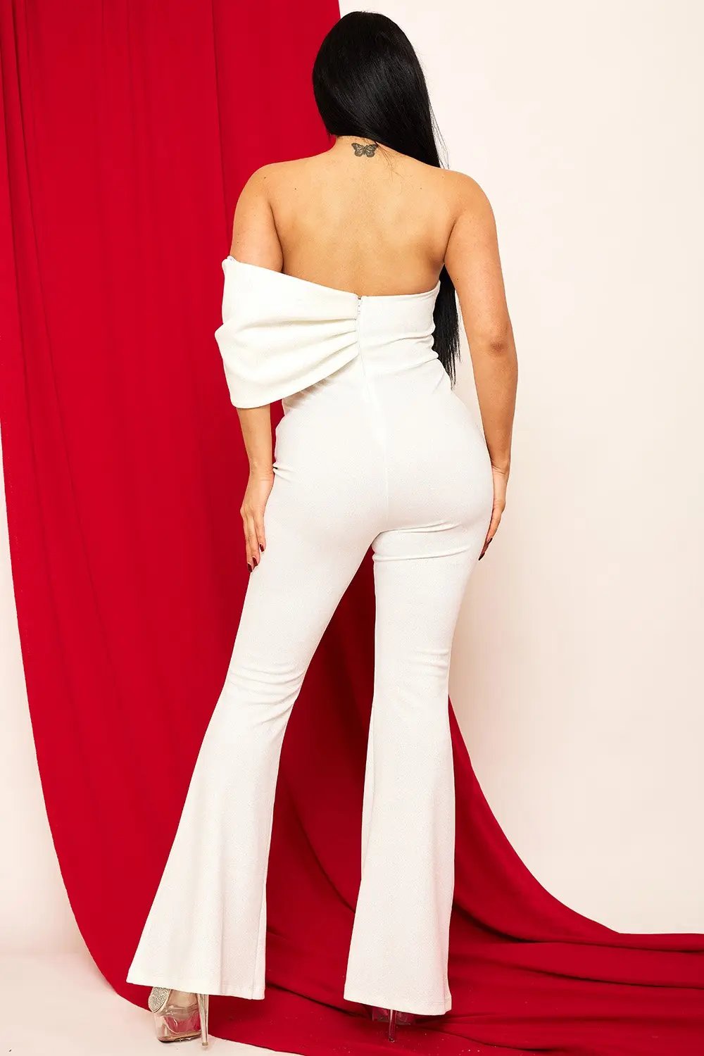 Glitter Jumpsuit - One Shoulder Strapless Evening Wear With Rhinestone Bow BOUTINIE