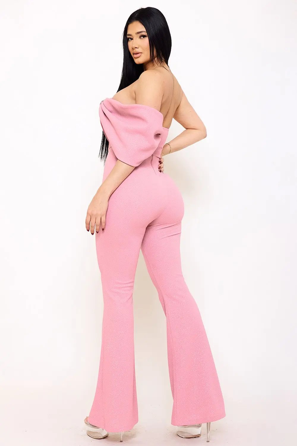 Glitter Jumpsuit - One Shoulder Strapless Evening Wear With Rhinestone Bow BOUTINIE