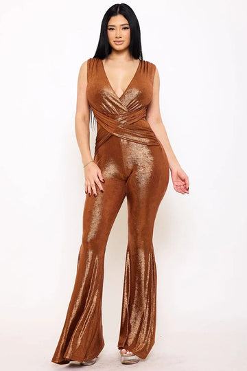 Slinky Foil Jumpsuit | Modern Sleeveless Criss-Cross Top BOUTINIE