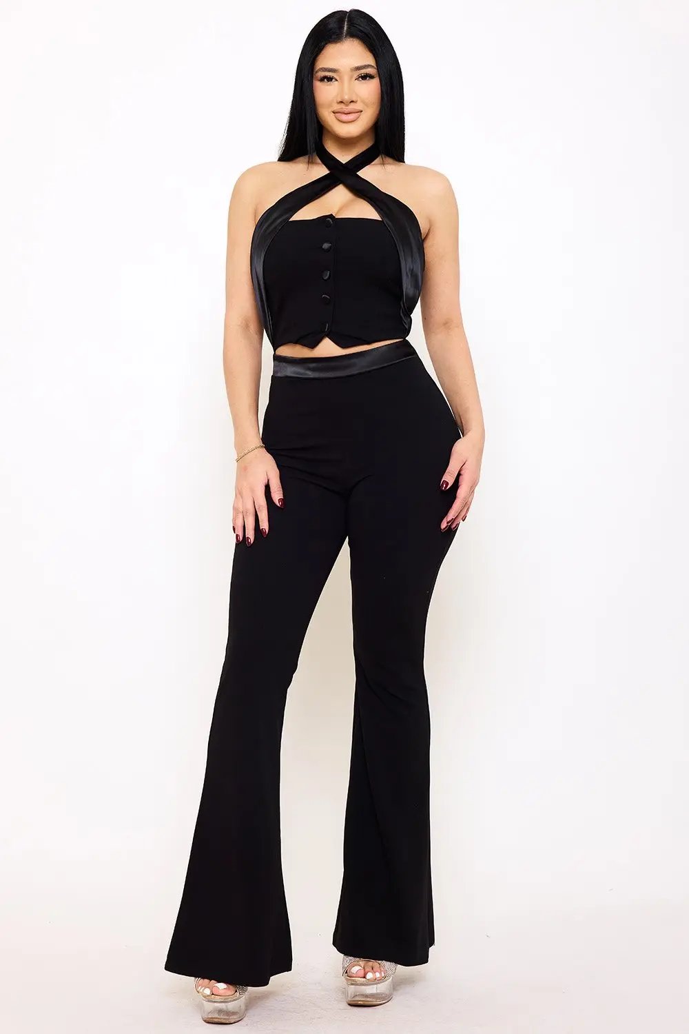 Pleated Halter Neck Jumpsuit – Bell Bottom Zipper Back Design BOUTINIE
