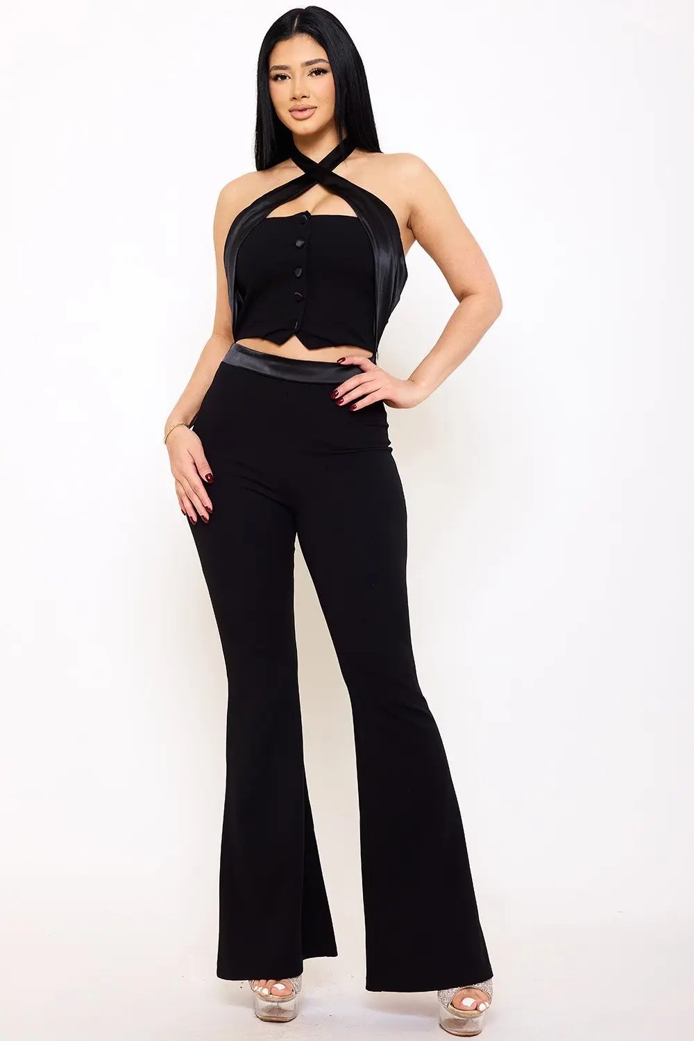 Pleated Halter Neck Jumpsuit – Bell Bottom Zipper Back Design BOUTINIE
