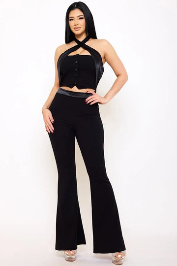 Pleated Halter Neck Jumpsuit – Bell Bottom Zipper Back Design BOUTINIE