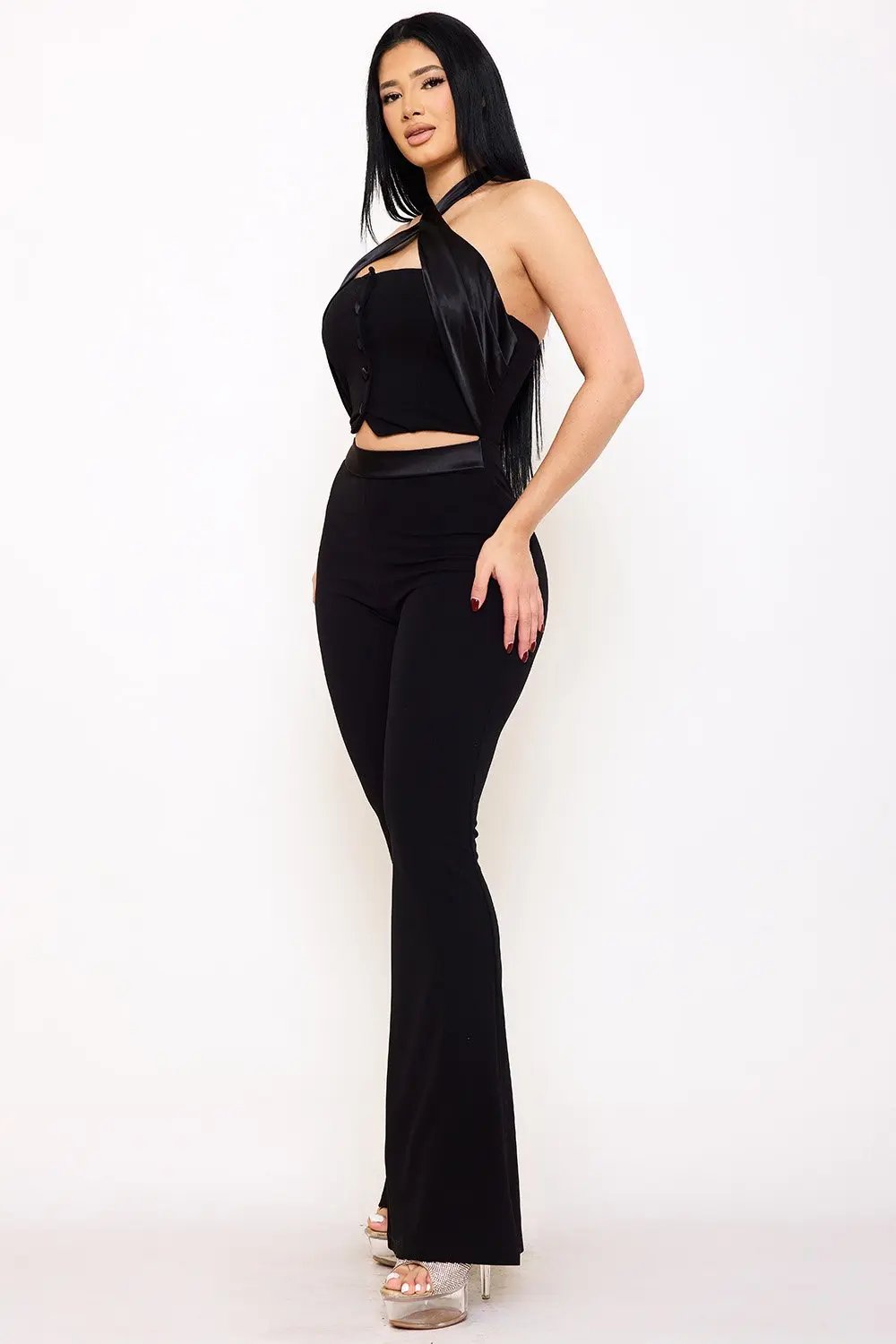 Pleated Halter Neck Jumpsuit – Bell Bottom Zipper Back Design BOUTINIE