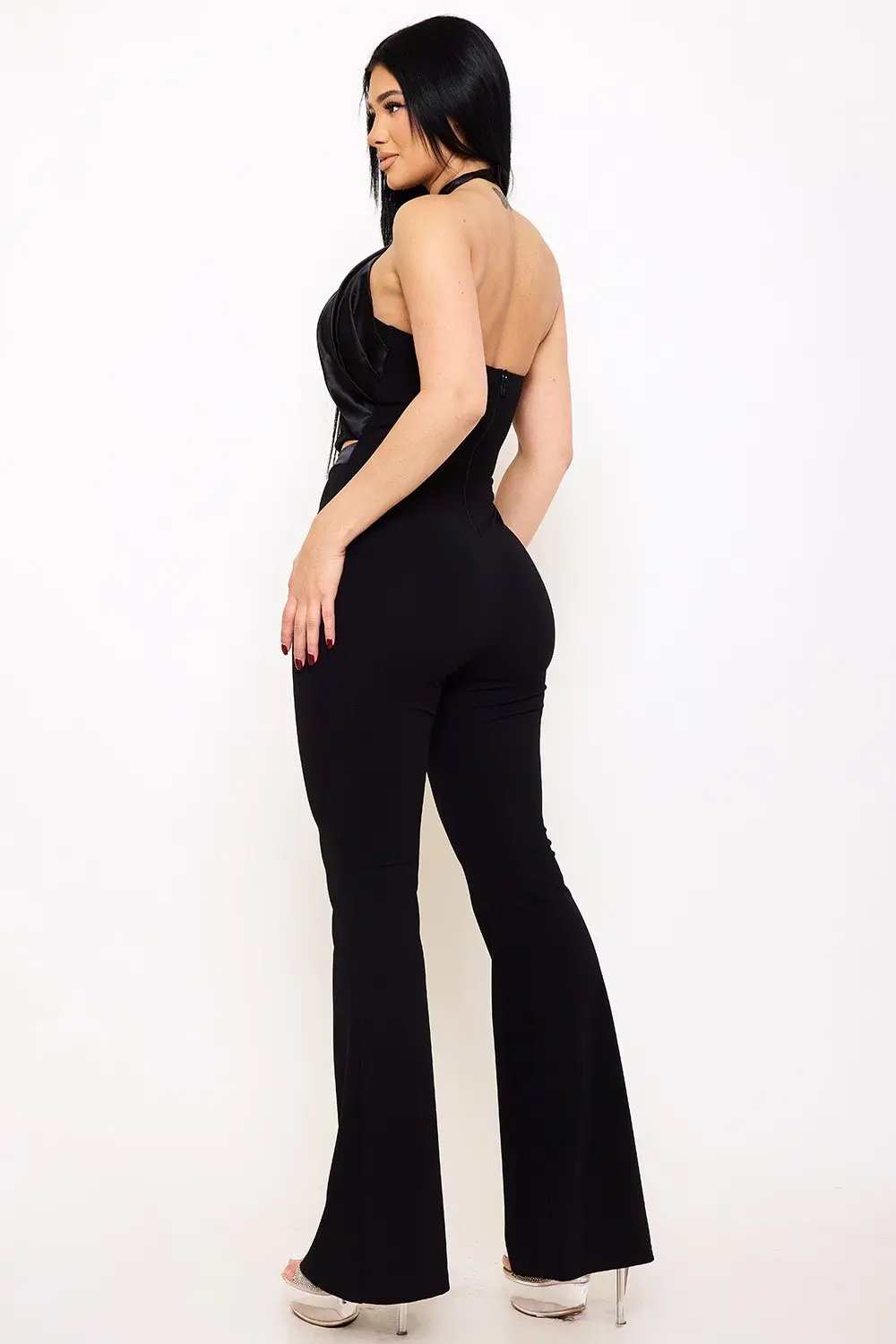 Pleated Halter Neck Jumpsuit – Bell Bottom Zipper Back Design BOUTINIE