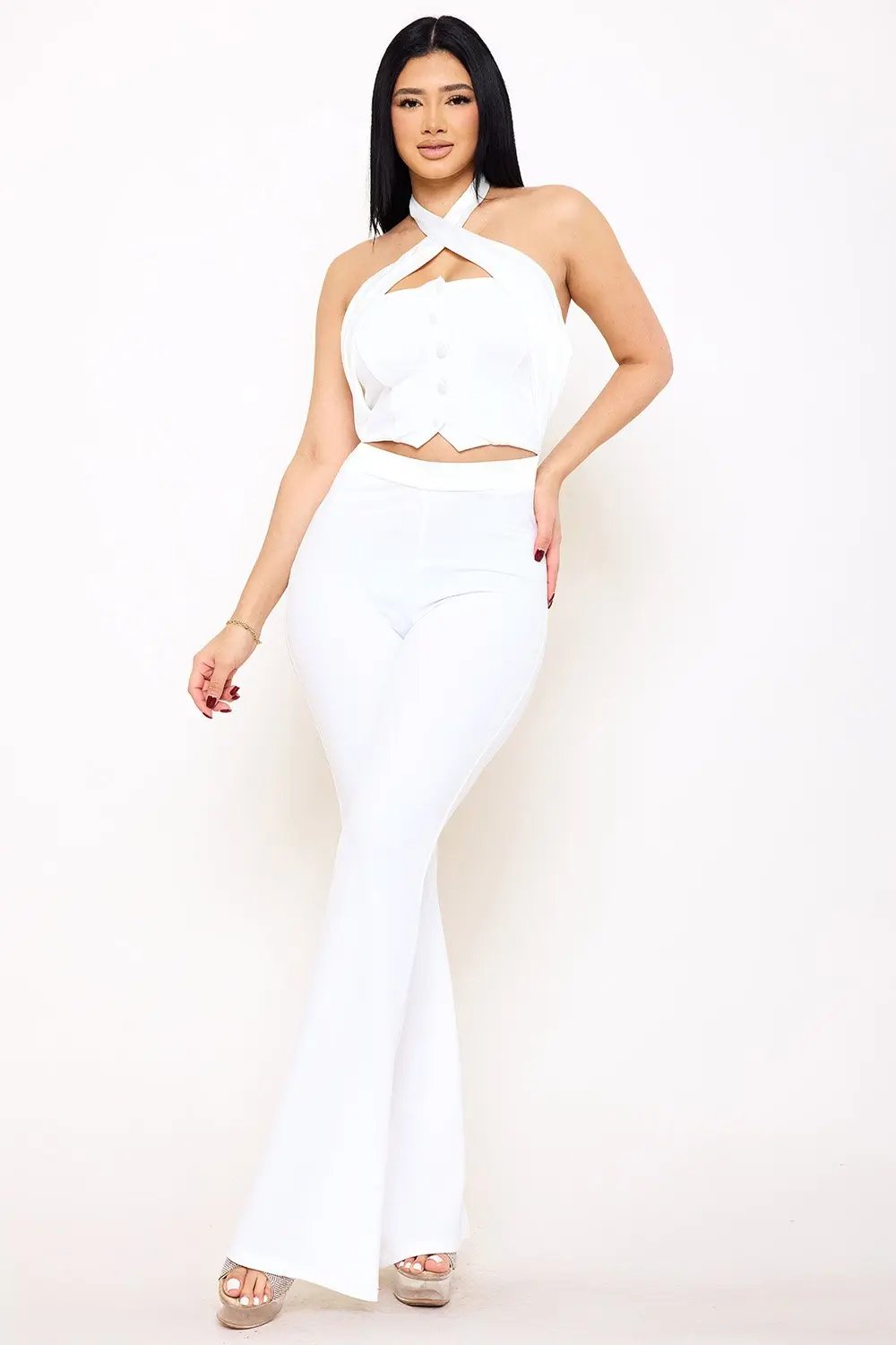 Pleated Halter Neck Jumpsuit – Bell Bottom Zipper Back Design BOUTINIE