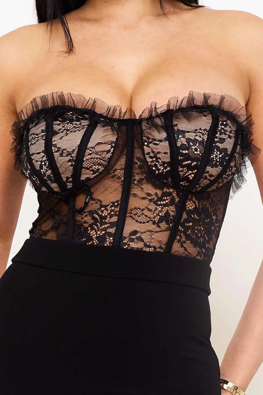 Laced Bustier Jumpsuit - Lace Detail Bell Bottom Romper BOUTINIE