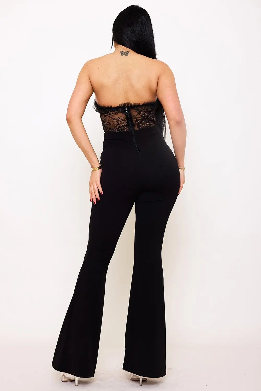 Laced Bustier Jumpsuit - Lace Detail Bell Bottom Romper BOUTINIE