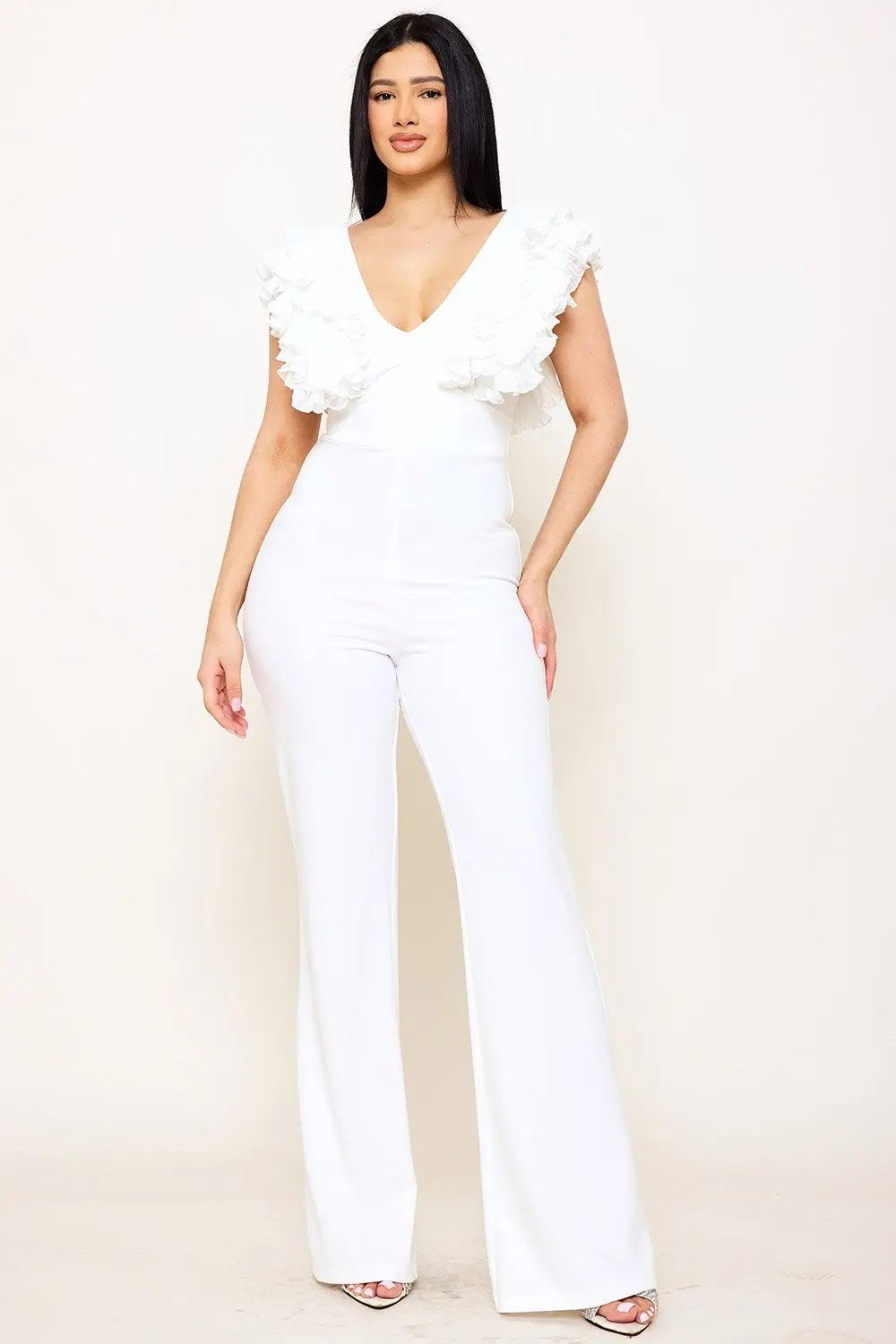 Techno Crepe Jumpsuit With Ruffle Sleeve & Wide Neck Detail BOUTINIE