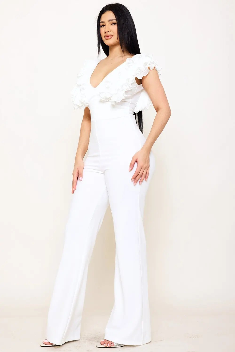 Techno Crepe Jumpsuit With Ruffle Sleeve & Wide Neck Detail BOUTINIE