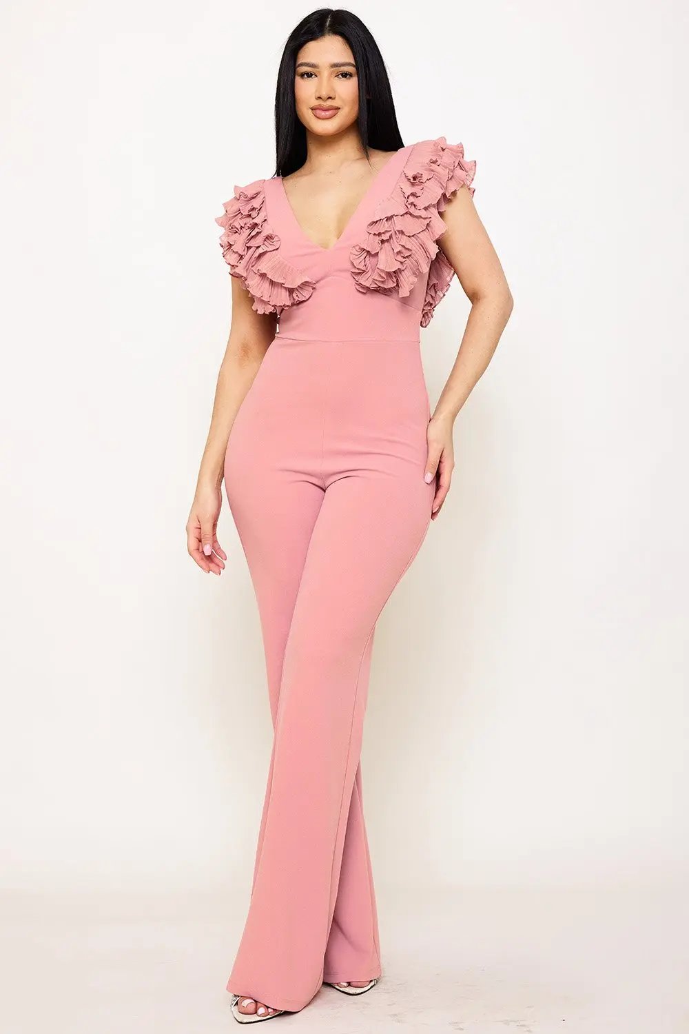Techno Crepe Jumpsuit With Ruffle Sleeve & Wide Neck Detail BOUTINIE