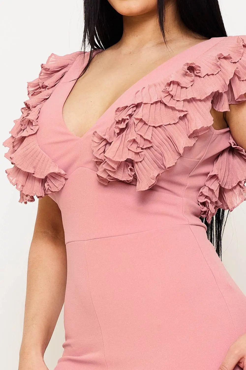 Techno Crepe Jumpsuit With Ruffle Sleeve & Wide Neck Detail BOUTINIE