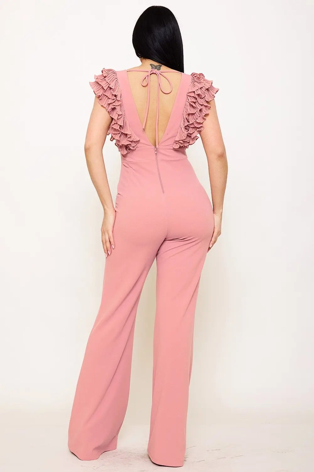 Techno Crepe Jumpsuit With Ruffle Sleeve & Wide Neck Detail BOUTINIE