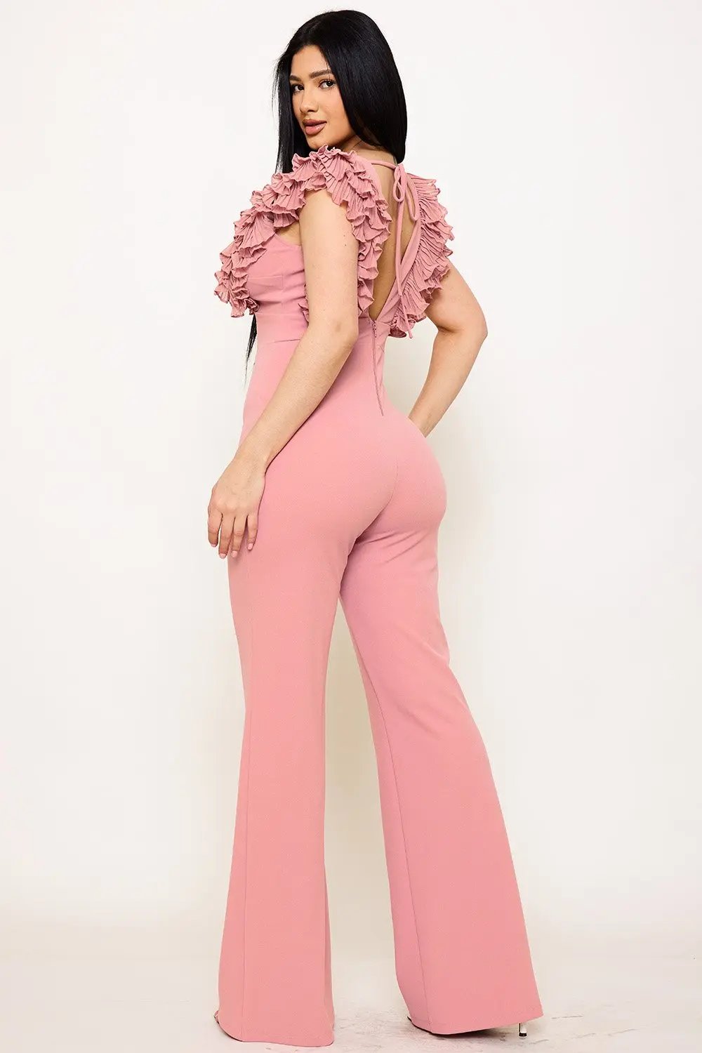 Techno Crepe Jumpsuit With Ruffle Sleeve & Wide Neck Detail BOUTINIE