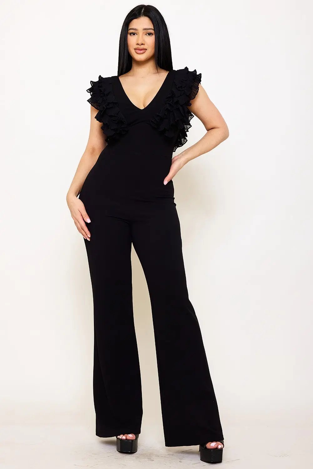 Techno Crepe Jumpsuit With Ruffle Sleeve & Wide Neck Detail BOUTINIE