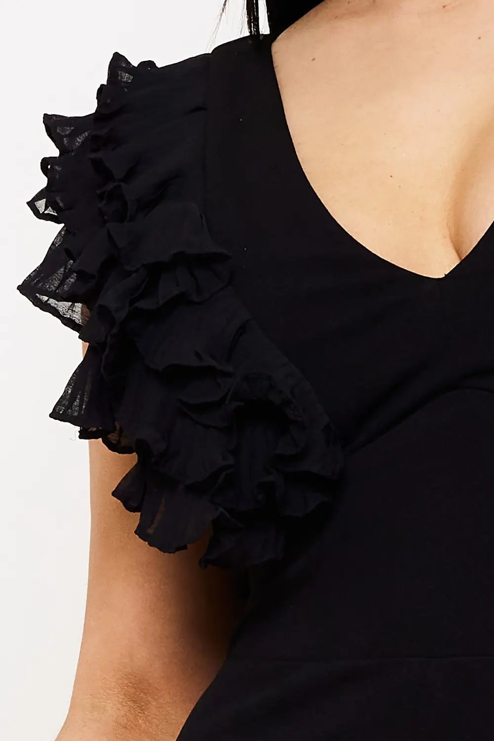 Techno Crepe Jumpsuit With Ruffle Sleeve & Wide Neck Detail BOUTINIE