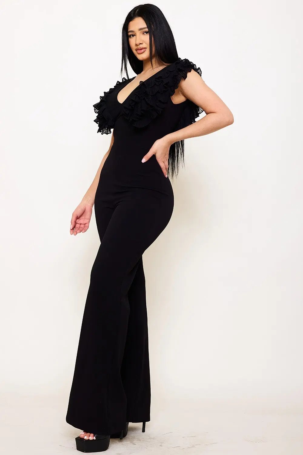 Techno Crepe Jumpsuit With Ruffle Sleeve & Wide Neck Detail BOUTINIE