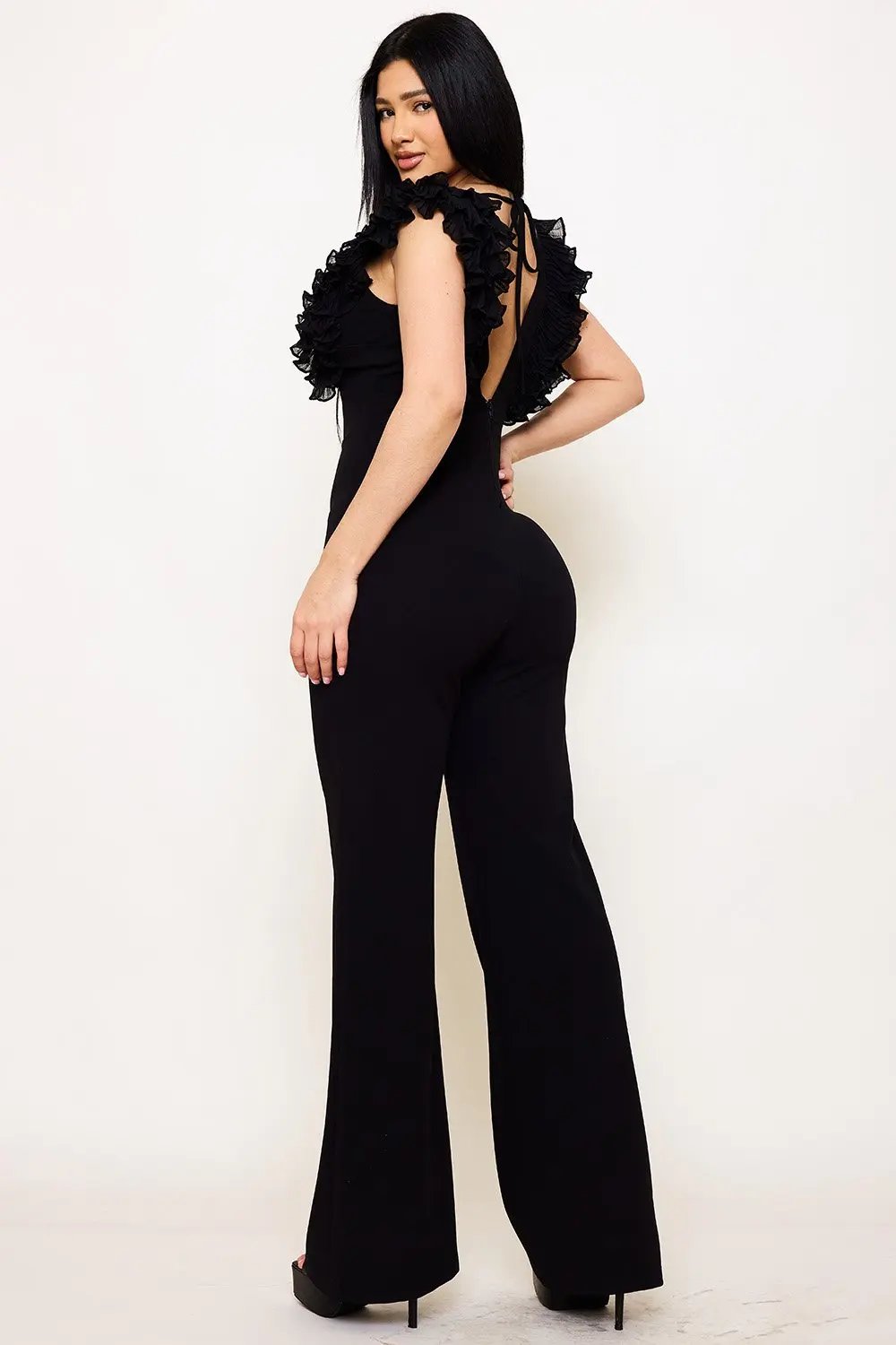 Techno Crepe Jumpsuit With Ruffle Sleeve & Wide Neck Detail BOUTINIE