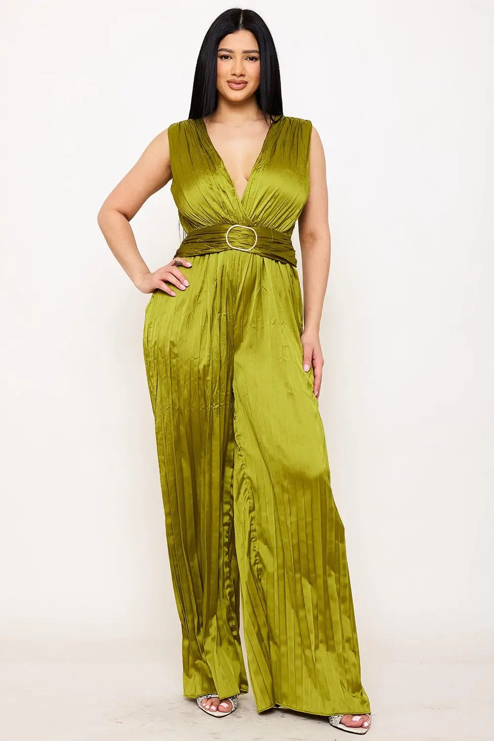 Satin Pleated Jumpsuit – Woven Sleeveless Dress With Buckle Waist Detail BOUTINIE