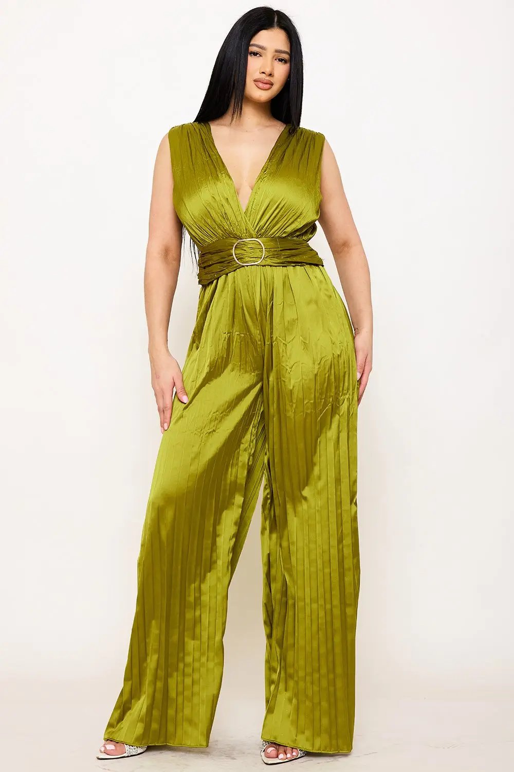 Satin Pleated Jumpsuit – Woven Sleeveless Dress With Buckle Waist Detail BOUTINIE