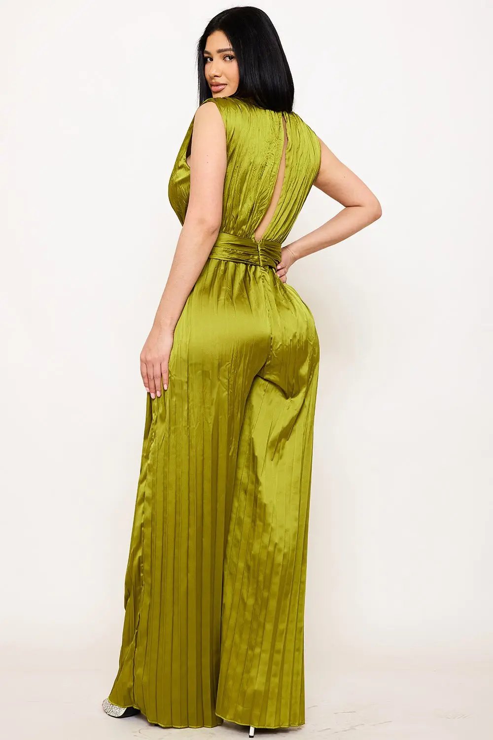 Satin Pleated Jumpsuit – Woven Sleeveless Dress With Buckle Waist Detail BOUTINIE
