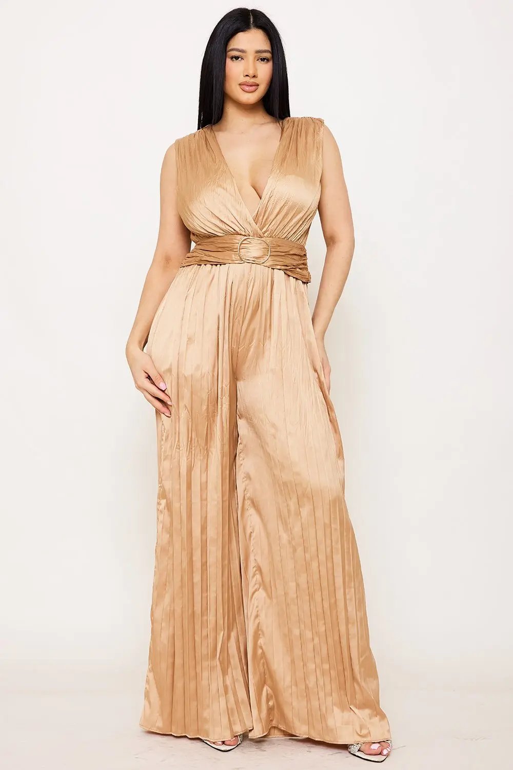 Satin Pleated Jumpsuit – Woven Sleeveless Dress With Buckle Waist Detail BOUTINIE