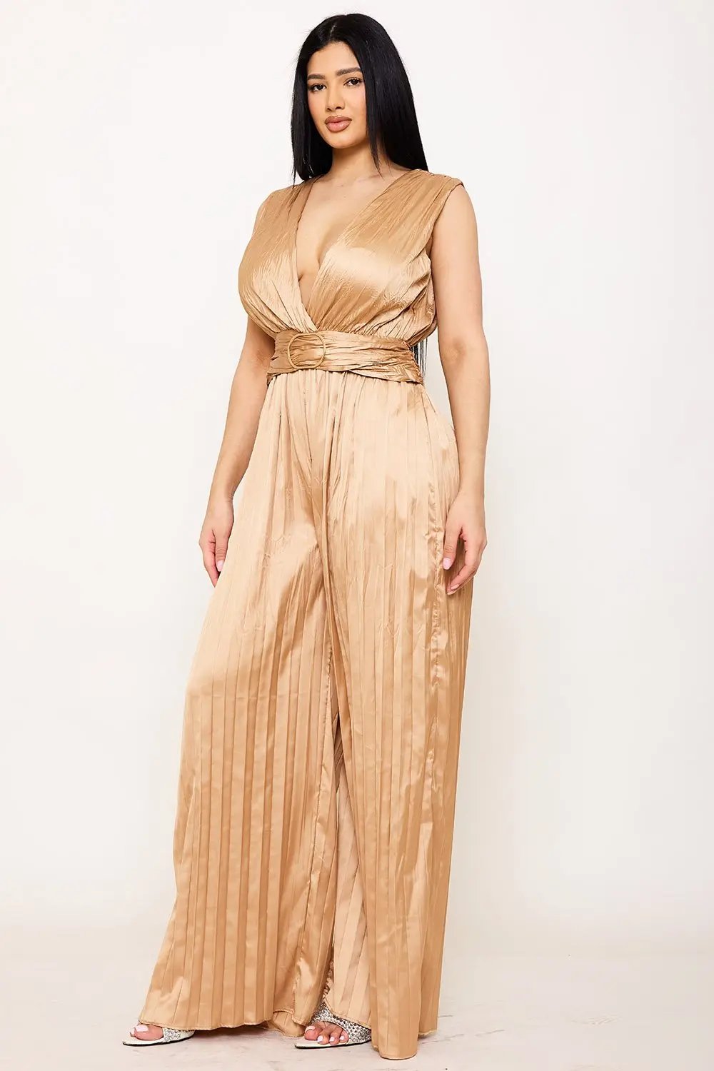 Satin Pleated Jumpsuit – Woven Sleeveless Dress With Buckle Waist Detail BOUTINIE