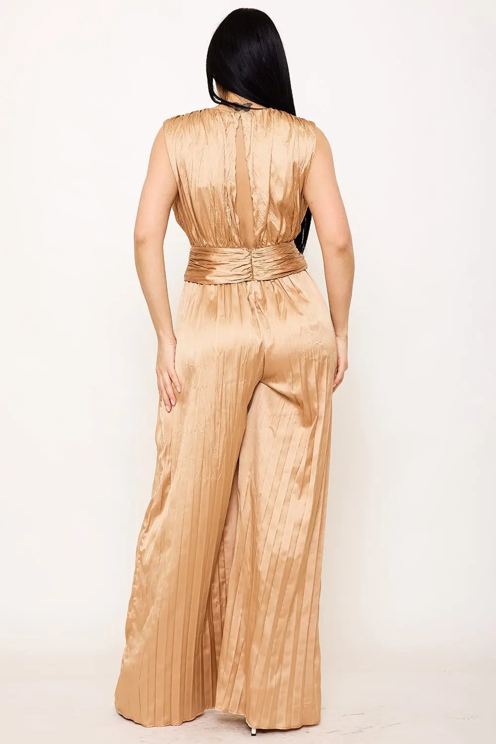 Satin Pleated Jumpsuit – Woven Sleeveless Dress With Buckle Waist Detail BOUTINIE
