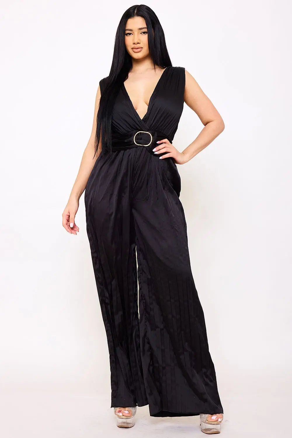 Satin Pleated Jumpsuit – Woven Sleeveless Dress With Buckle Waist Detail BOUTINIE