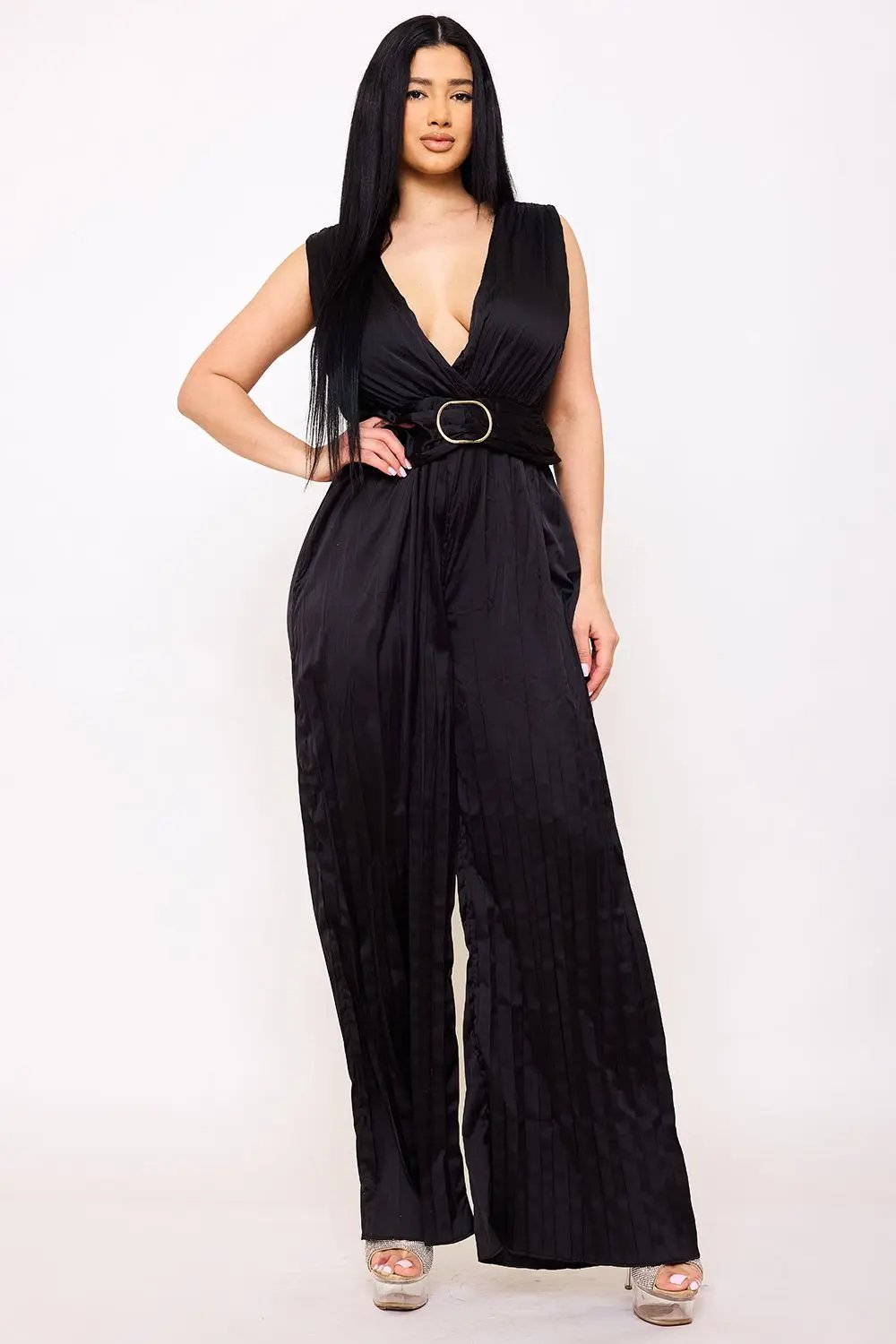 Satin Pleated Jumpsuit – Woven Sleeveless Dress With Buckle Waist Detail BOUTINIE
