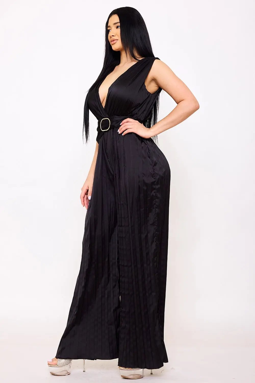 Satin Pleated Jumpsuit – Woven Sleeveless Dress With Buckle Waist Detail BOUTINIE