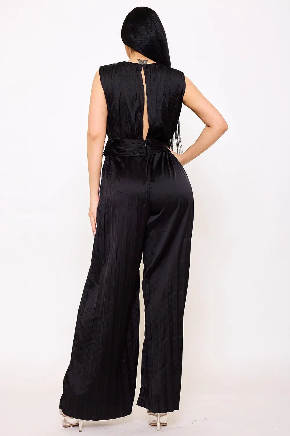 Satin Pleated Jumpsuit – Woven Sleeveless Dress With Buckle Waist Detail BOUTINIE