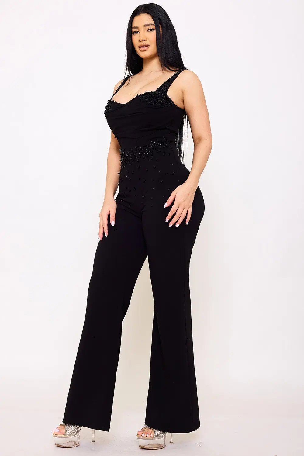 Beaded Crepe Jumpsuit – Wide Leg Techno Style With Wire Structure Detail BOUTINIE