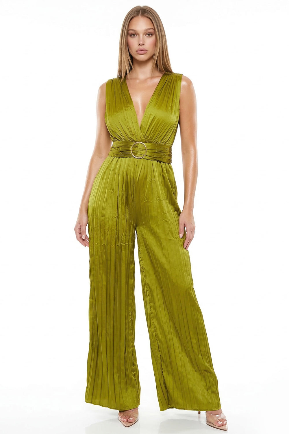 Olive green sleeveless pleated jumpsuit with a deep V-neck and belted waist for a chic formal look from Boutinie.