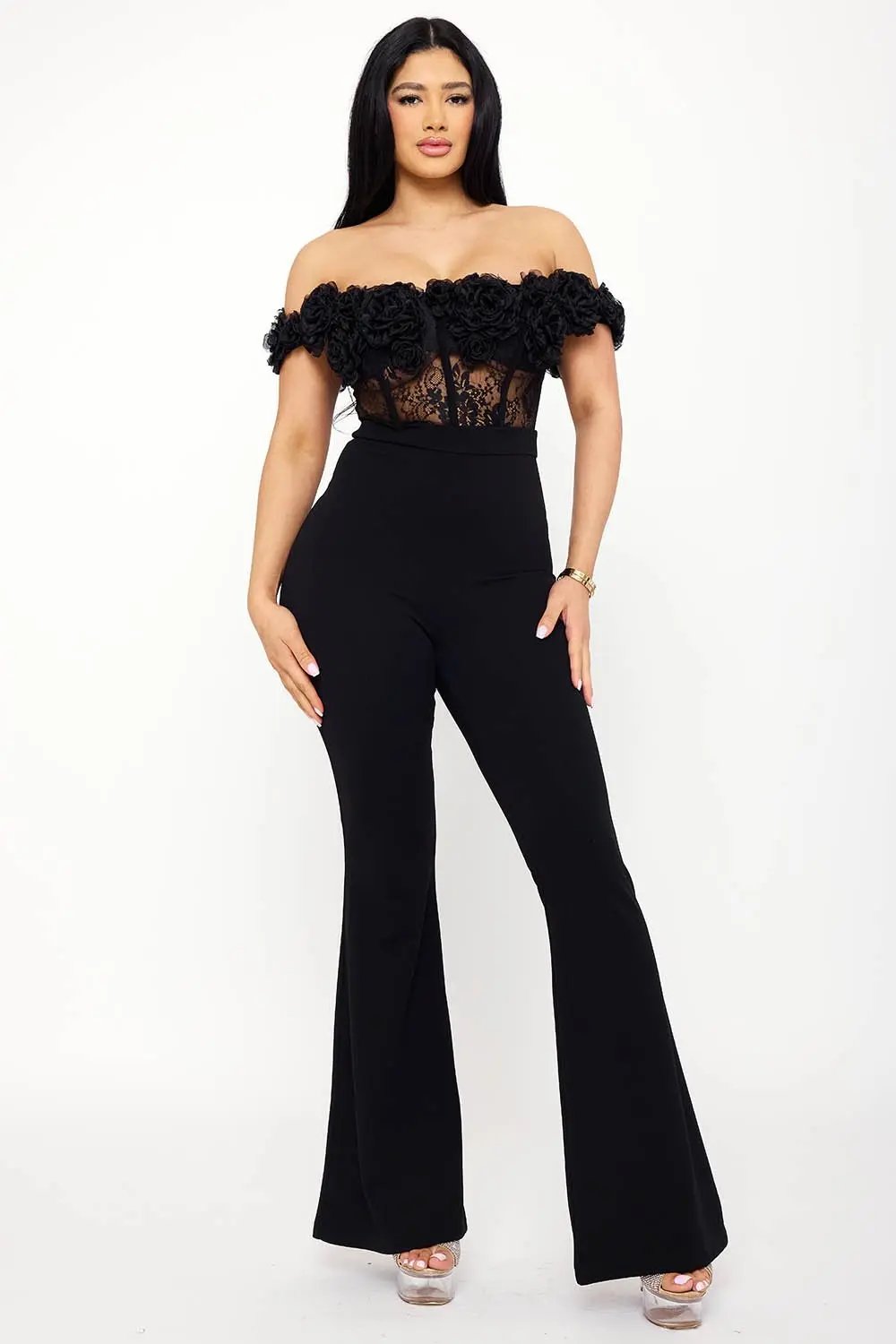 Mesh Rose Jumpsuit – Off Shoulder Lace Sheer Top with Bell Bottom Pants BOUTINIE