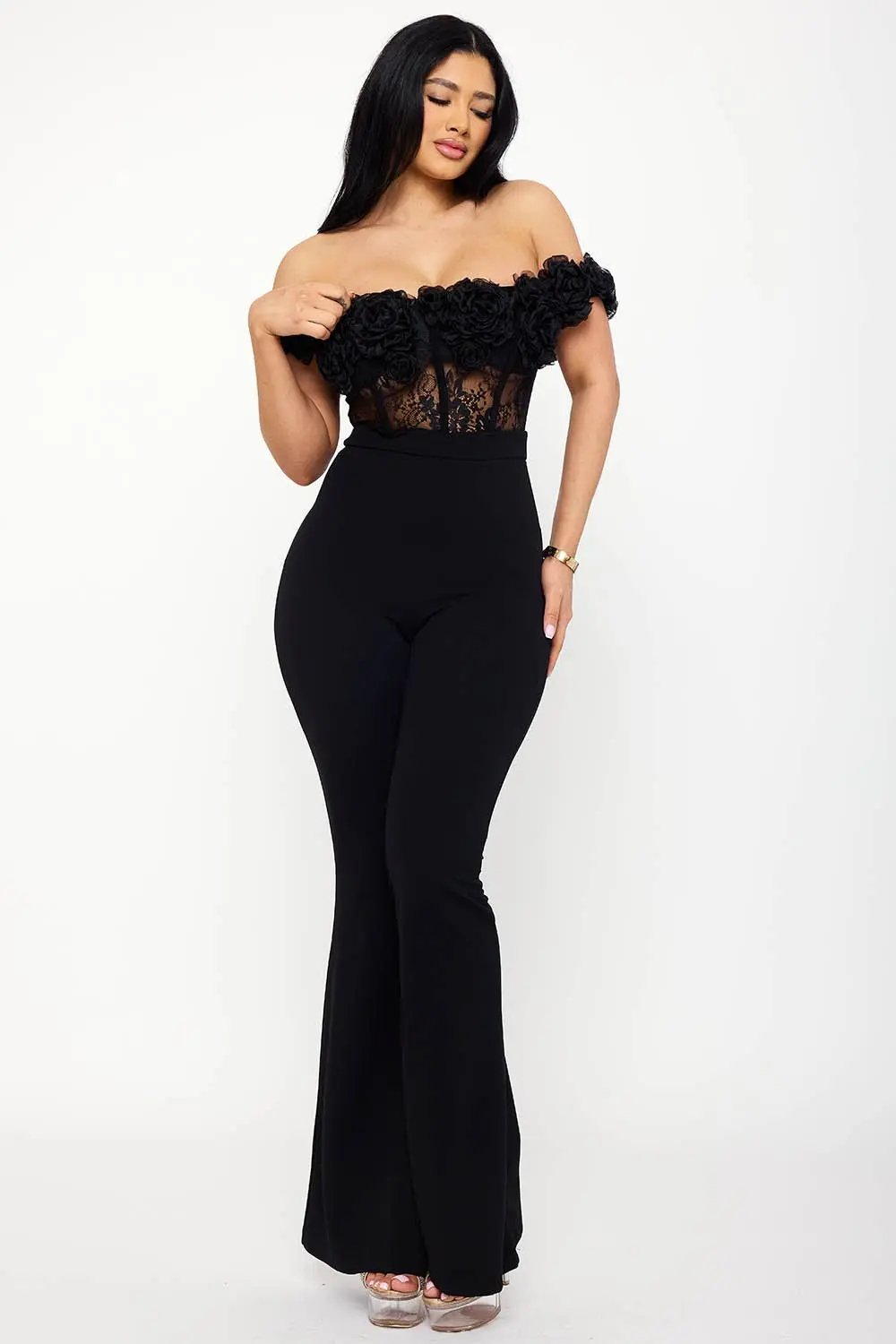 Mesh Rose Jumpsuit – Off Shoulder Lace Sheer Top with Bell Bottom Pants BOUTINIE